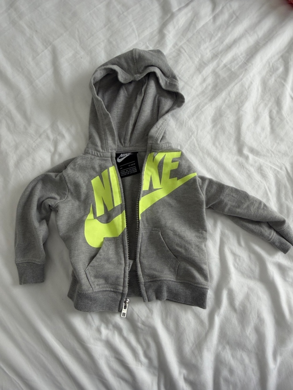 Nike Kids Grey Zip Hoodie with Neon Yellow Logo